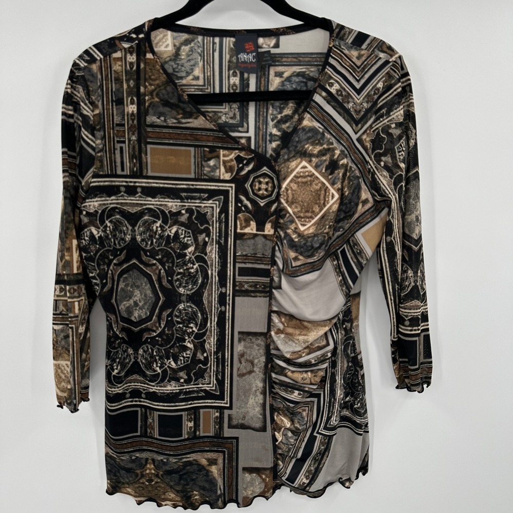 ANAC Designed by Kimi XL Geometric Print Mesh Sleeve Top Grunge Steampunk